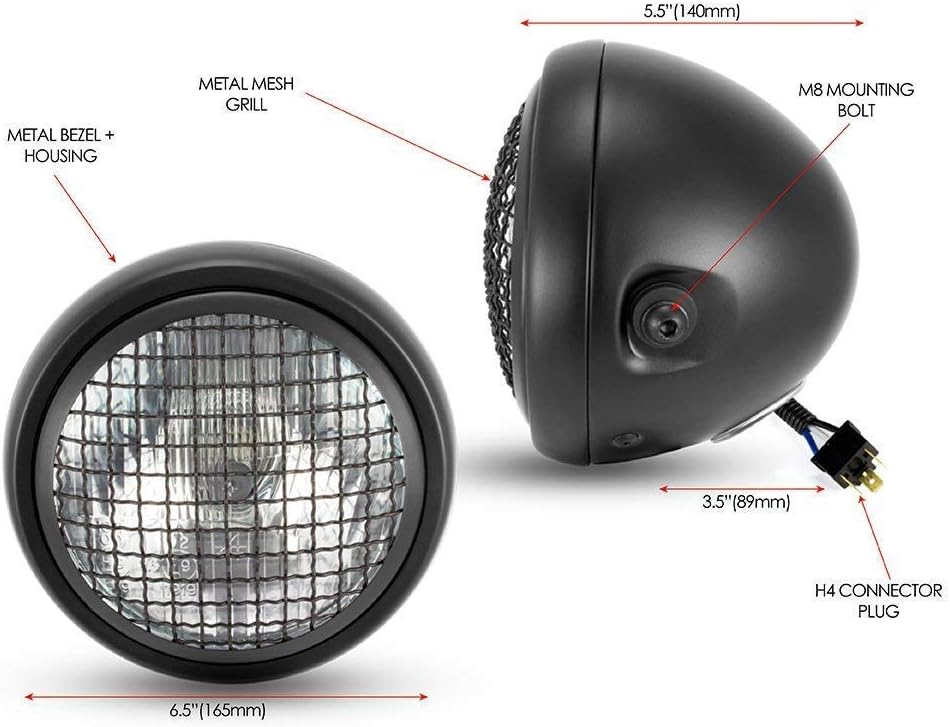 Schwarz Motorrad 6" Scheinwerfer mit Netz Grill H4 55W für Projekt Fahrrad, Cafe Racer, Scrambler