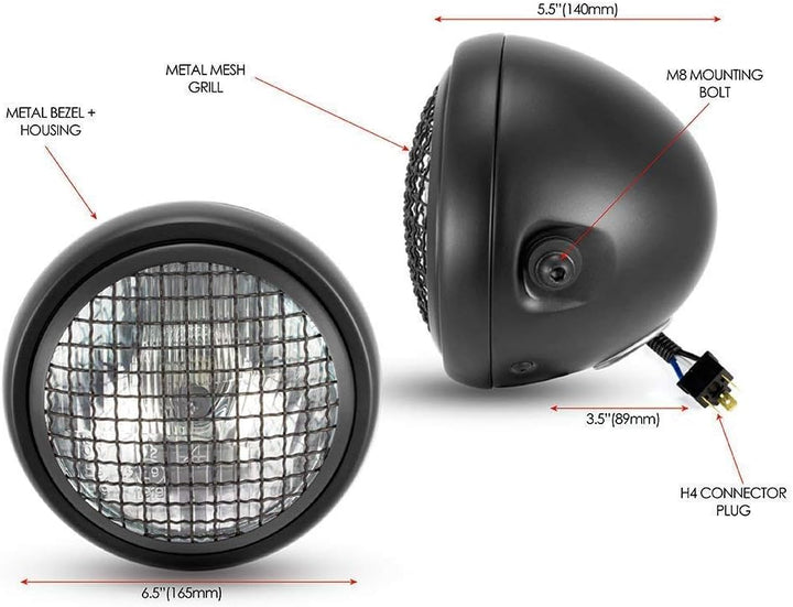 Schwarz Motorrad 6" Scheinwerfer mit Netz Grill H4 55W für Projekt Fahrrad, Cafe Racer, Scrambler