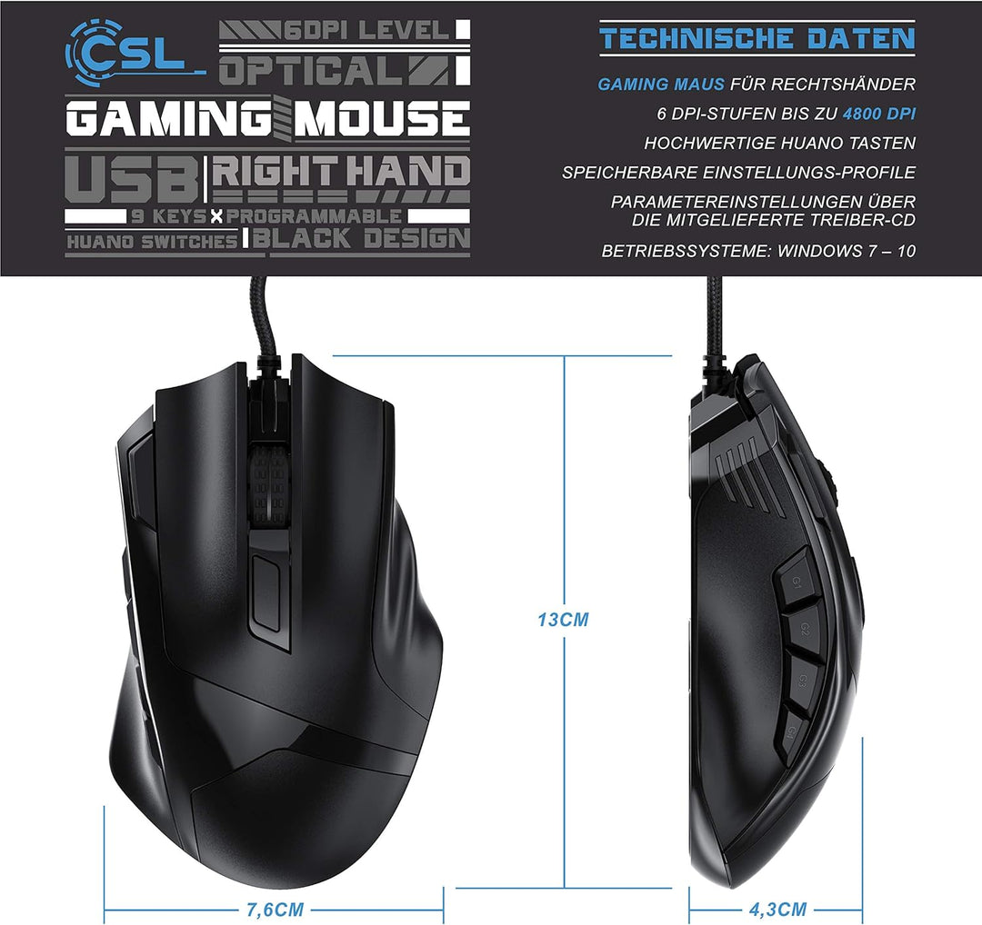 CSL - 4800 DPI Gaming Maus mit RGB Beleuchtung – optische Computermaus - 9 Tasten – 600-4800 DPI – 7