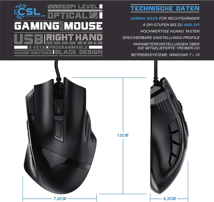 CSL - 4800 DPI Gaming Maus mit RGB Beleuchtung – optische Computermaus - 9 Tasten – 600-4800 DPI – 7