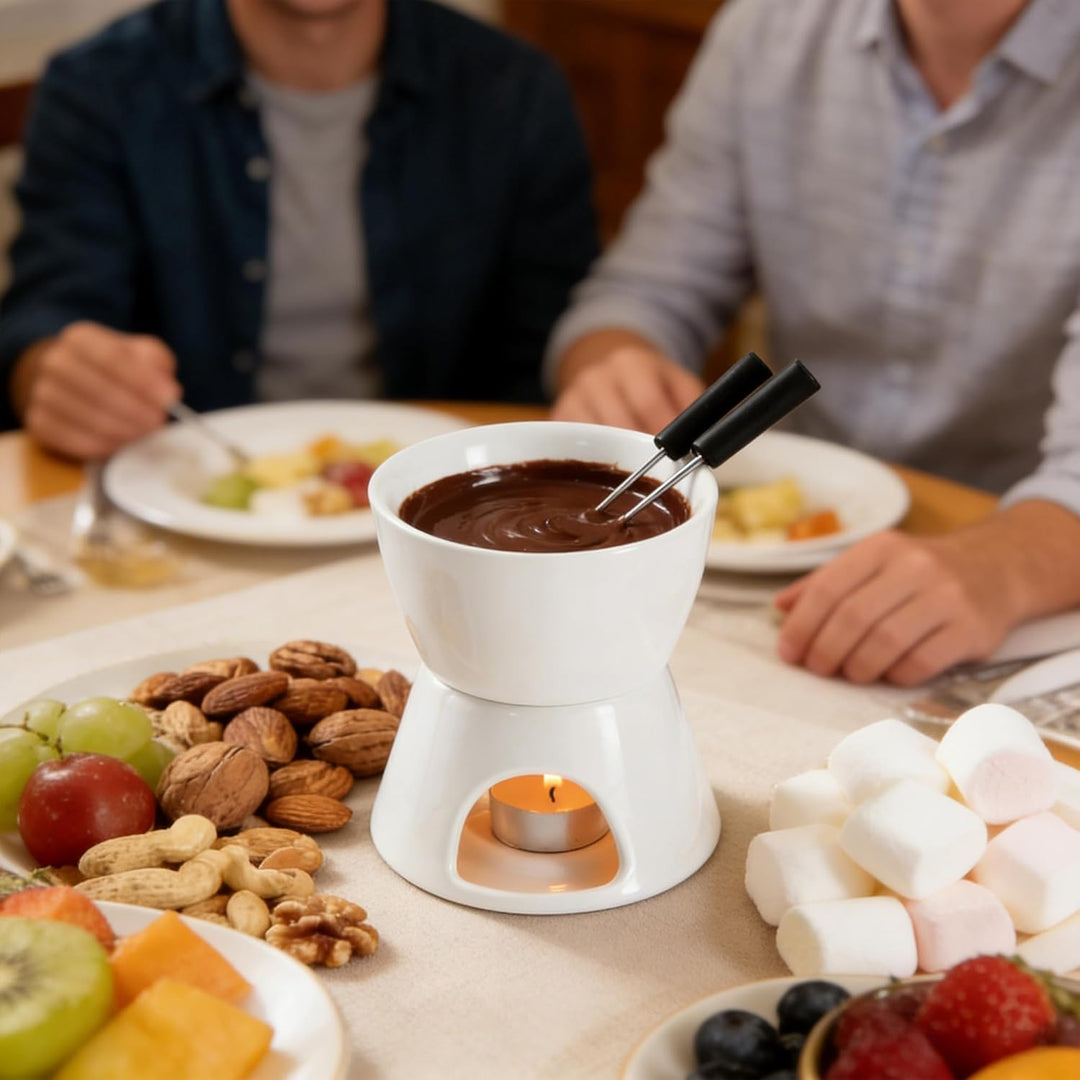 Keramik Schokofondue-Topf-Set, Käse Fondueset mit 1 Teelicht & 4 Gabeln Aus Rostfreiem Stahl, Mini S