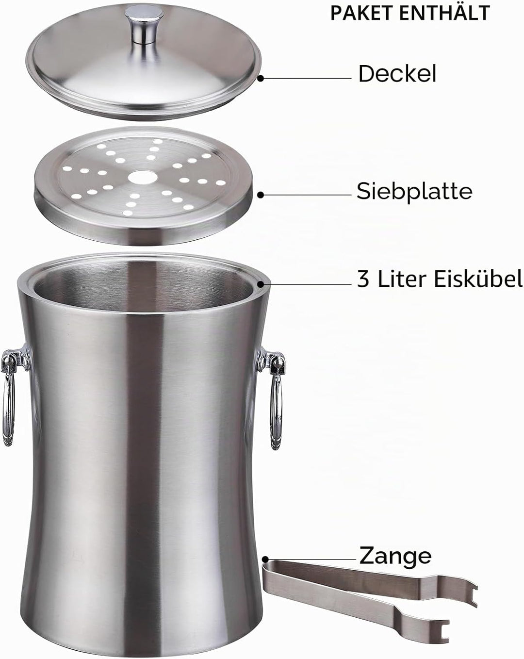 Eiseimer mit Deckel und zange Premium Eiskübel als Eiswürfelbehälter Ice Bucket,Eiskübel-Set, 3 l, d