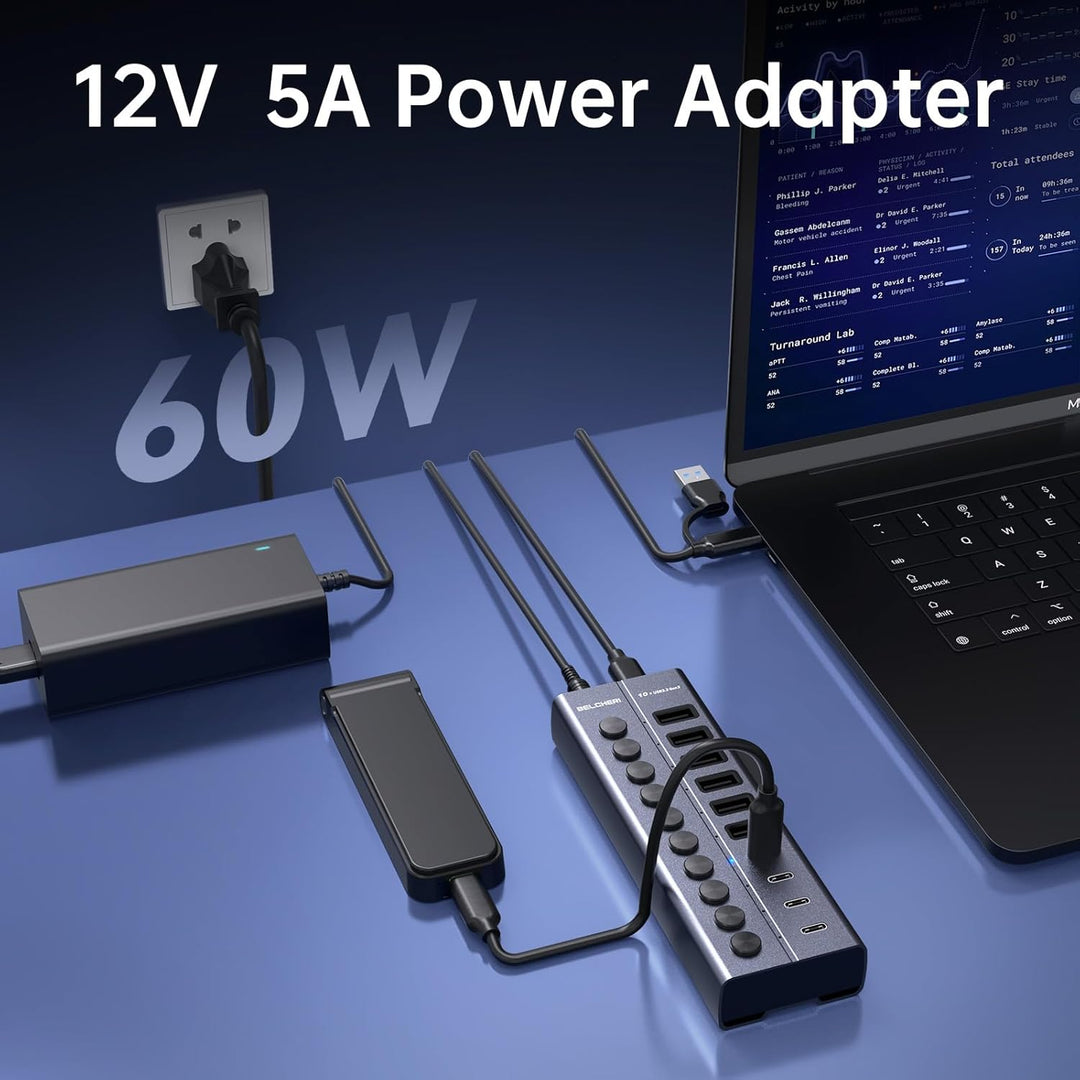 USB Hub mit Netzteil, 10-Port USB 3.2 Gen 2 10Gbit/s Aktiv Hub, Vollaluminium mit 60W (12V 5A) Power
