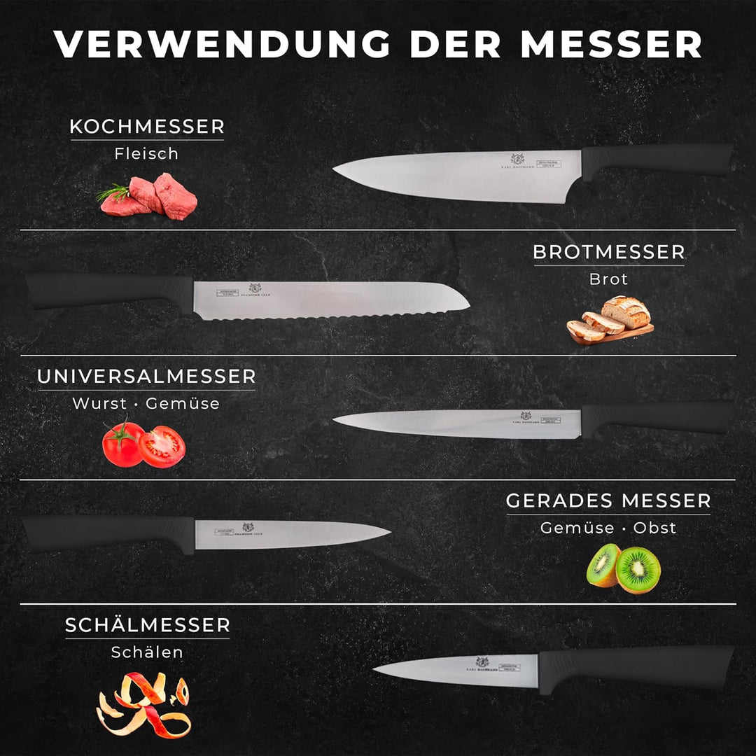Messerblock mit Messer-Set - 6 teilig, Küchenmesser Set Edelstahl ink. Kochmesser, Brotmesser, Schäl
