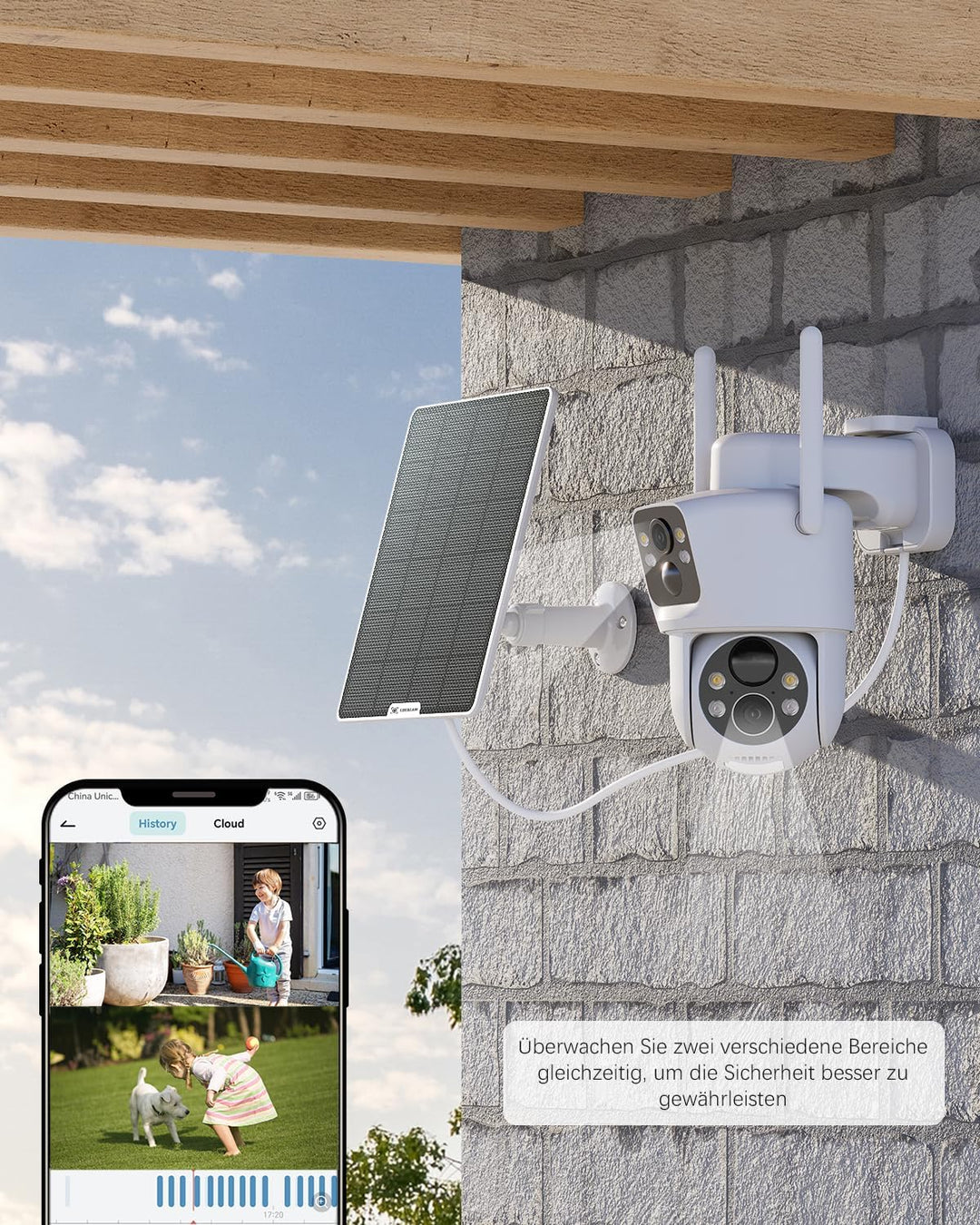 COCOCAM 2K Überwachungskamera Aussen Akku WLAN mit Dual-Objektiv, Solar Kamera Outdoor, Dual PIR, 10