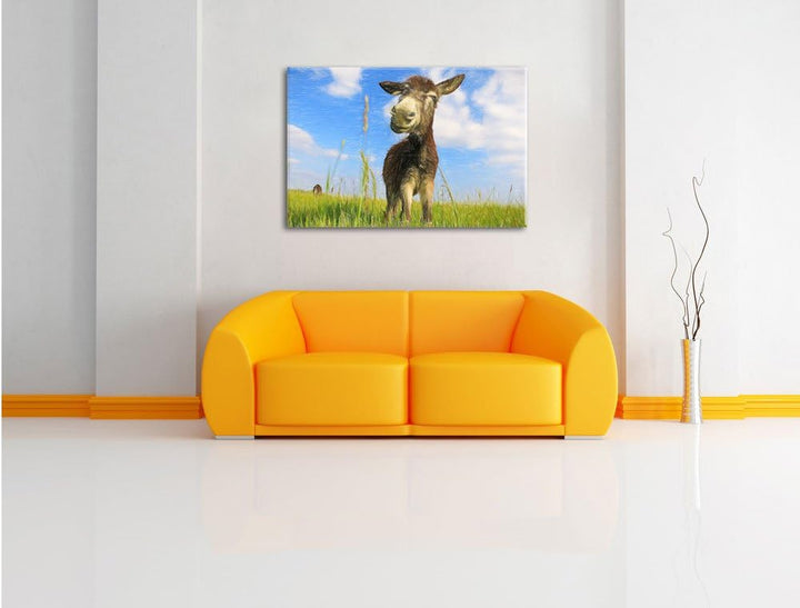 Pixxprint Esel im Feld als Leinwandbild/Grösse: 100x70 / Wandbild/Kunstdruck/fertig bespannt, 100x70