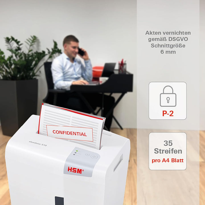 HSM shredstar S10 Aktenvernichter, Sicherheitsstufe P-2, 10 Blatt (Streifenschnitt) mit CD-Schredder