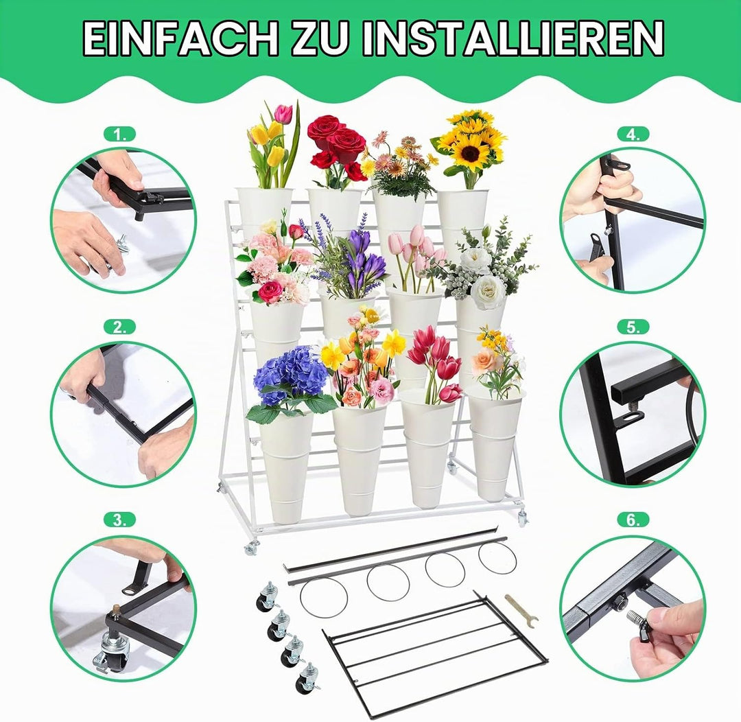 FPIGSHS Blumenständer mit Eimern - 3 Etagen mit 12 Eimern, Pflanzenständer, mobiler Blumenständer mi