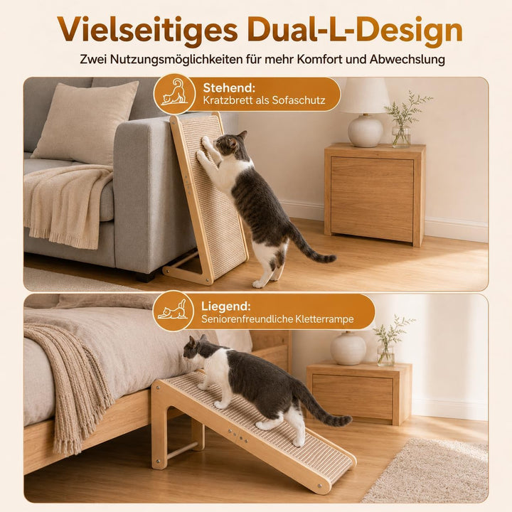 Kratzbrett für Katze, 65 cm Hohe Dual-Use Kratzsäule Katzen | L-förmige Kratzmöbel aus Massivholz &amp;