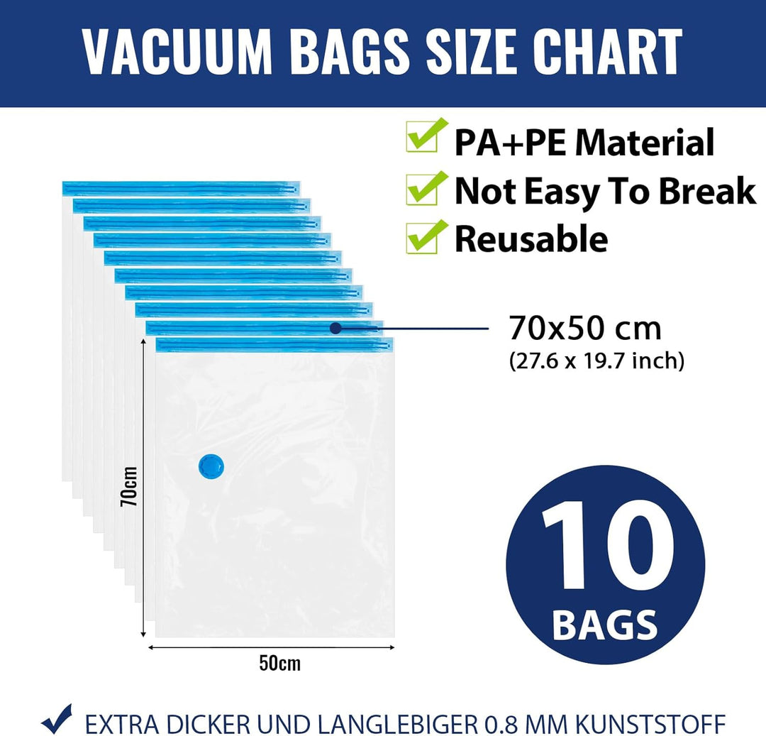 10er Set Vakuumbeutel für Kleidung 70x50cm, PA & PE Material, 80% Platz Sparen Vakuum Kleiderbeutel