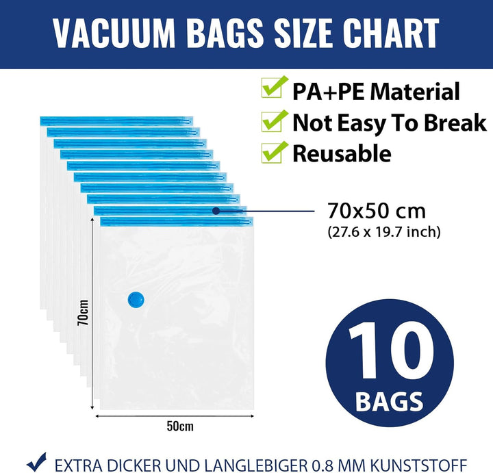 10er Set Vakuumbeutel für Kleidung 70x50cm, PA & PE Material, 80% Platz Sparen Vakuum Kleiderbeutel