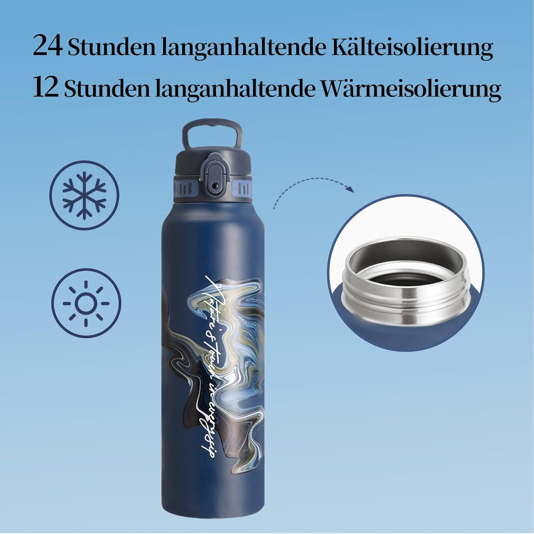 UZSPACE Edelstahl Trinkflasche 1l (970ml), Isolierte Thermosflasche mit 1-Klick-Öffnung, 100% Auslau
