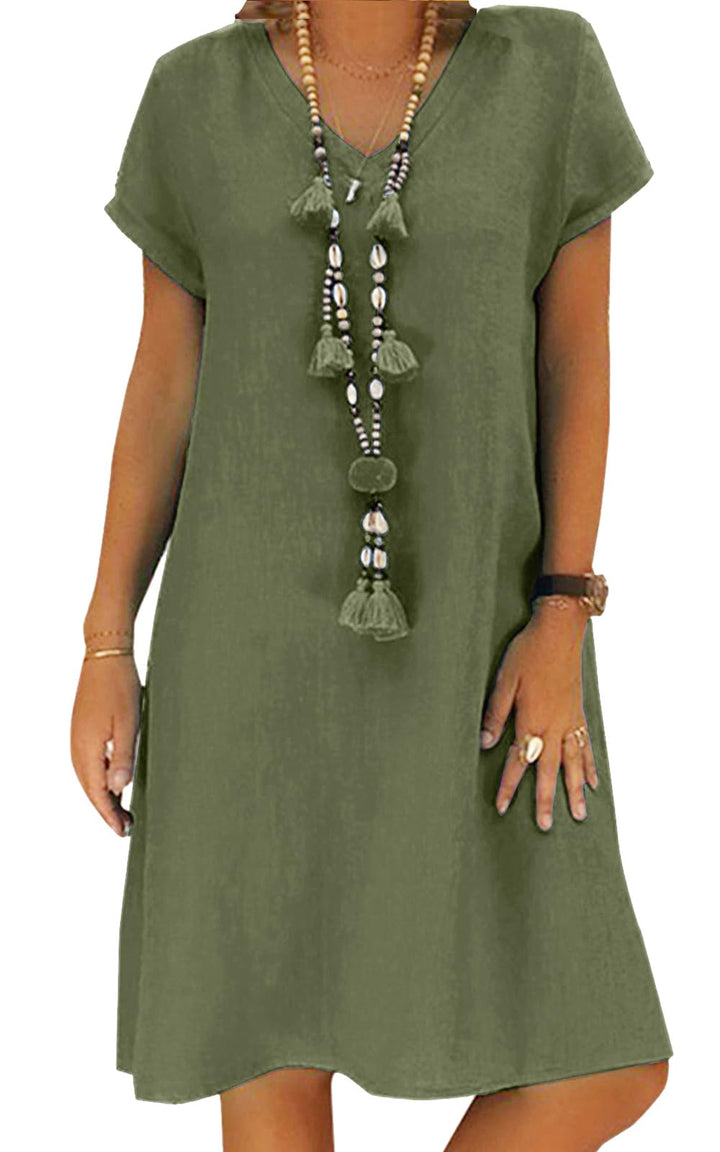 Tincini Sommerkleid Damen Leinen Kleider Casual V-Ausschnitt Midikleid Kurzarm A-Linie Kleid Strandk