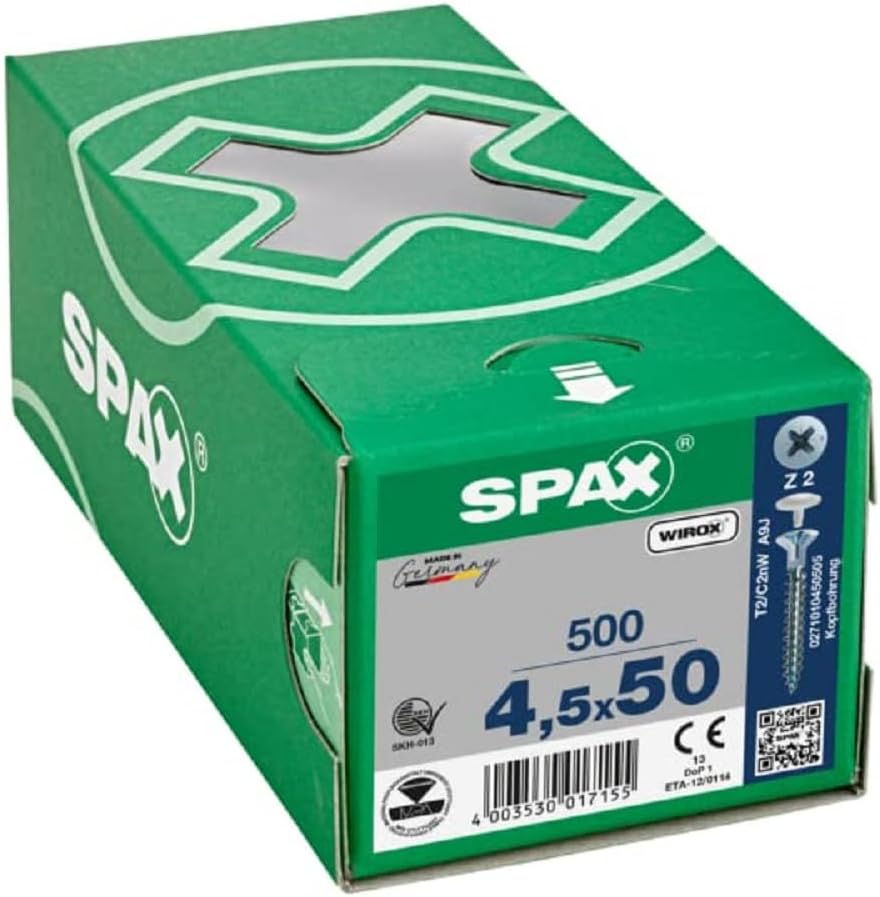 SPAX Universalschraube mit Kopflochbohrung, 4,5 x 50 mm, 500 Stück, Kreuzschlitz Z2, Kleiner Senkkop