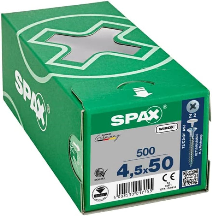 SPAX Universalschraube mit Kopflochbohrung, 4,5 x 50 mm, 500 Stück, Kreuzschlitz Z2, Kleiner Senkkop