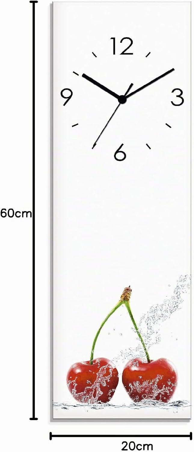 ARTLAND Wanduhr ohne Tickgeräusche Glas Quarzuhr 20x60 cm Rechteckig Lautlos Obst Früchte Kirsche im