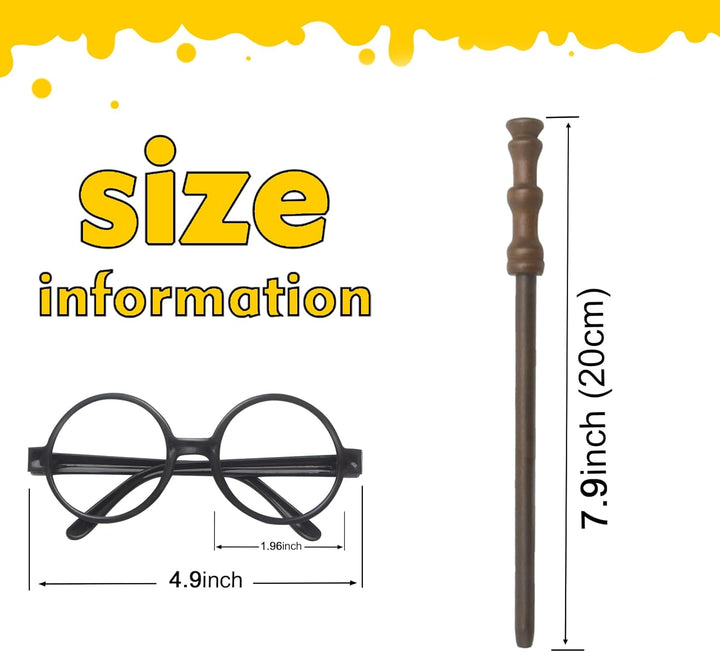 Cosplay Zauberer Partyzubehör Set – Zauberstab Bleistifte,Zauberbrille mit rundem Rahmen ohne Gläser