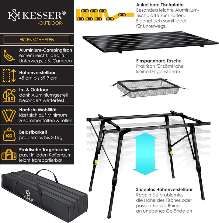 KESSER® Campingtisch faltbar Klapptisch mit Aluminiumrahmen Aufrollbare Tischplatte Falttisch klappb