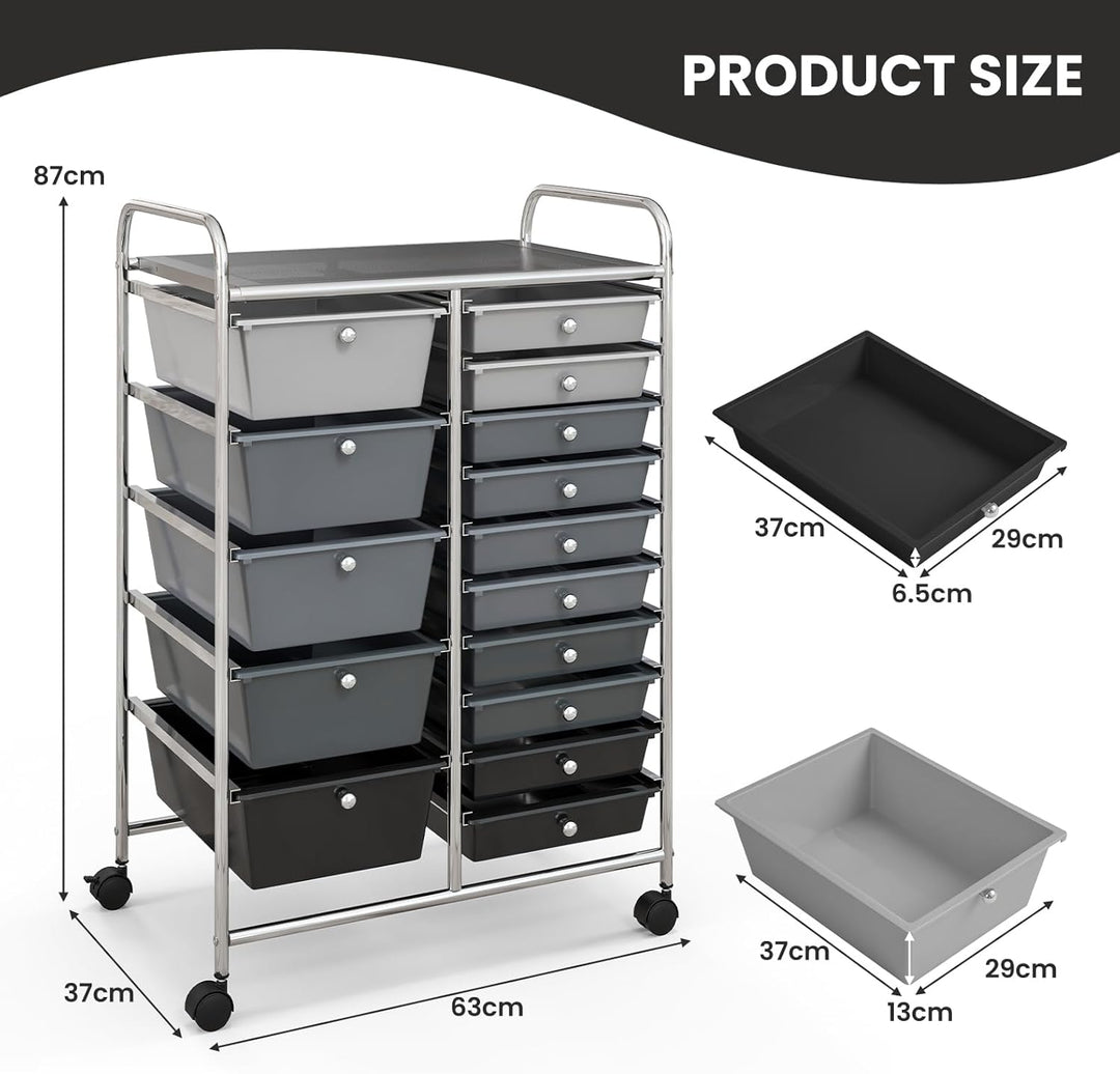 KOMFOTTEU Trolley mit 15 Schubladen, stapelbar, Verriegelungsrollen, metallschoniger Rahmen, für Bür