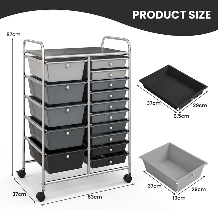 KOMFOTTEU Trolley mit 15 Schubladen, stapelbar, Verriegelungsrollen, metallschoniger Rahmen, für Bür