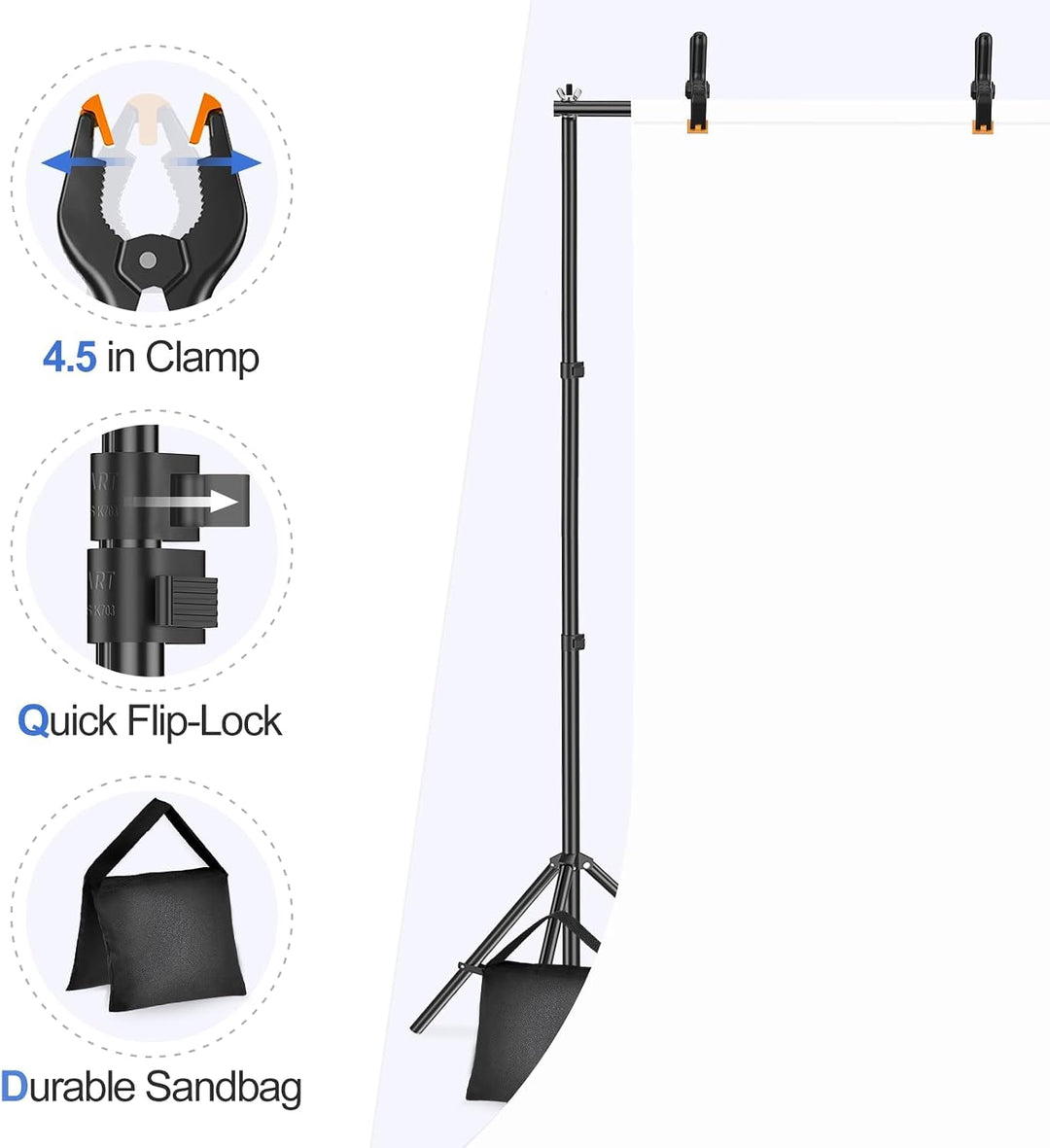 EMART Foto Hintergrund Ständer, 2x3m Verstellbarer Hintergrundsystem mit 4 Stück Hintergrundklemmen,