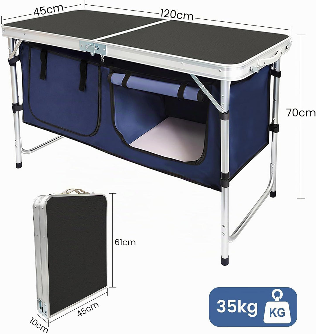 Campingküche faltbar, Leicht Campingschrank mit Aluminiumgestell, Campingtisch Klappbar mit Staufach