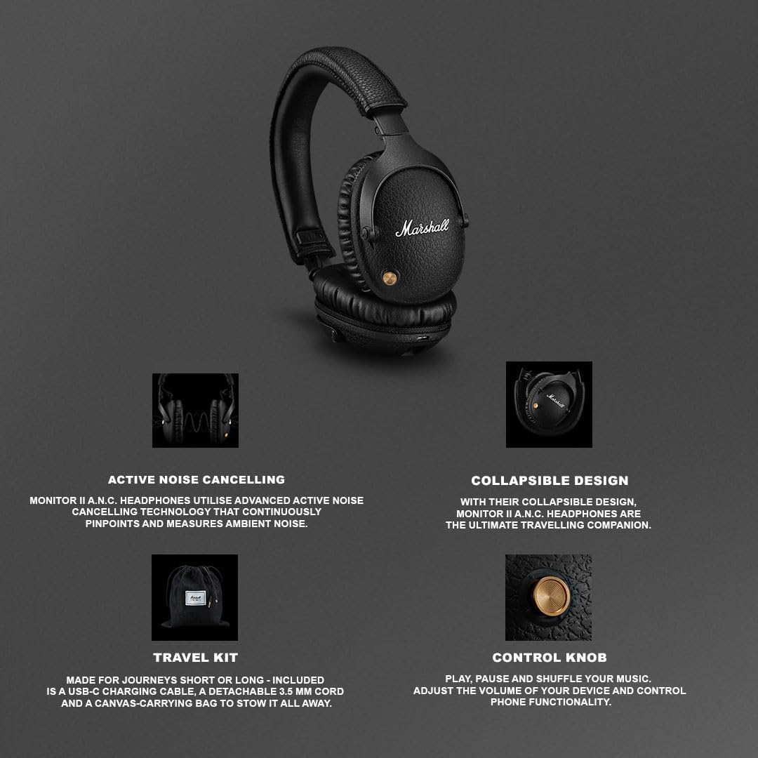 Marshall Monitor II Bluetooth Kopfhörer mit Active Noise Cancelling, 30 Stunden Spielzeit – Schwarz