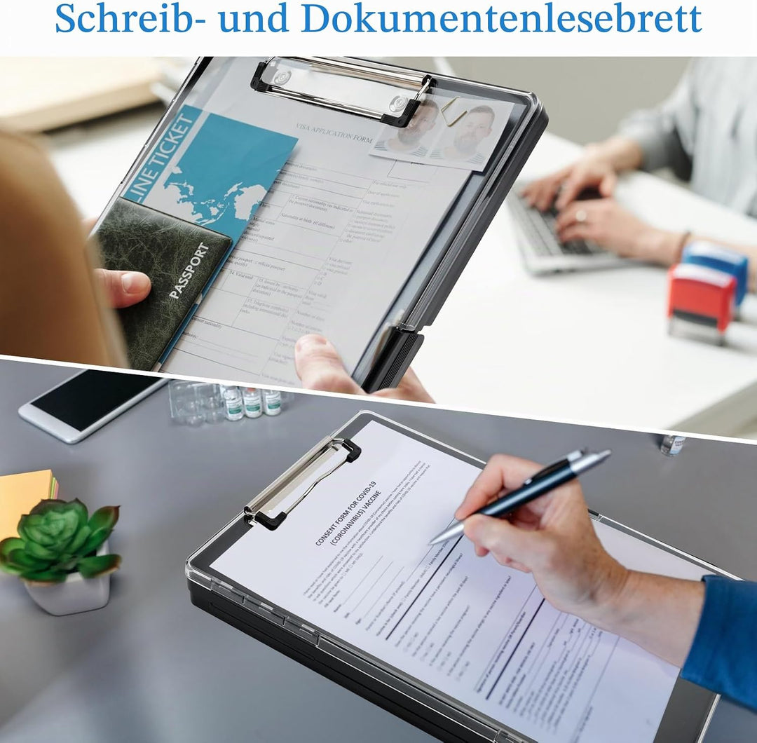 Dadabig Klemmbrett A4 mit Aufbewahrungsfach, Kunststoff Schreibklemmbrett mit Fach Zwischenablage tr