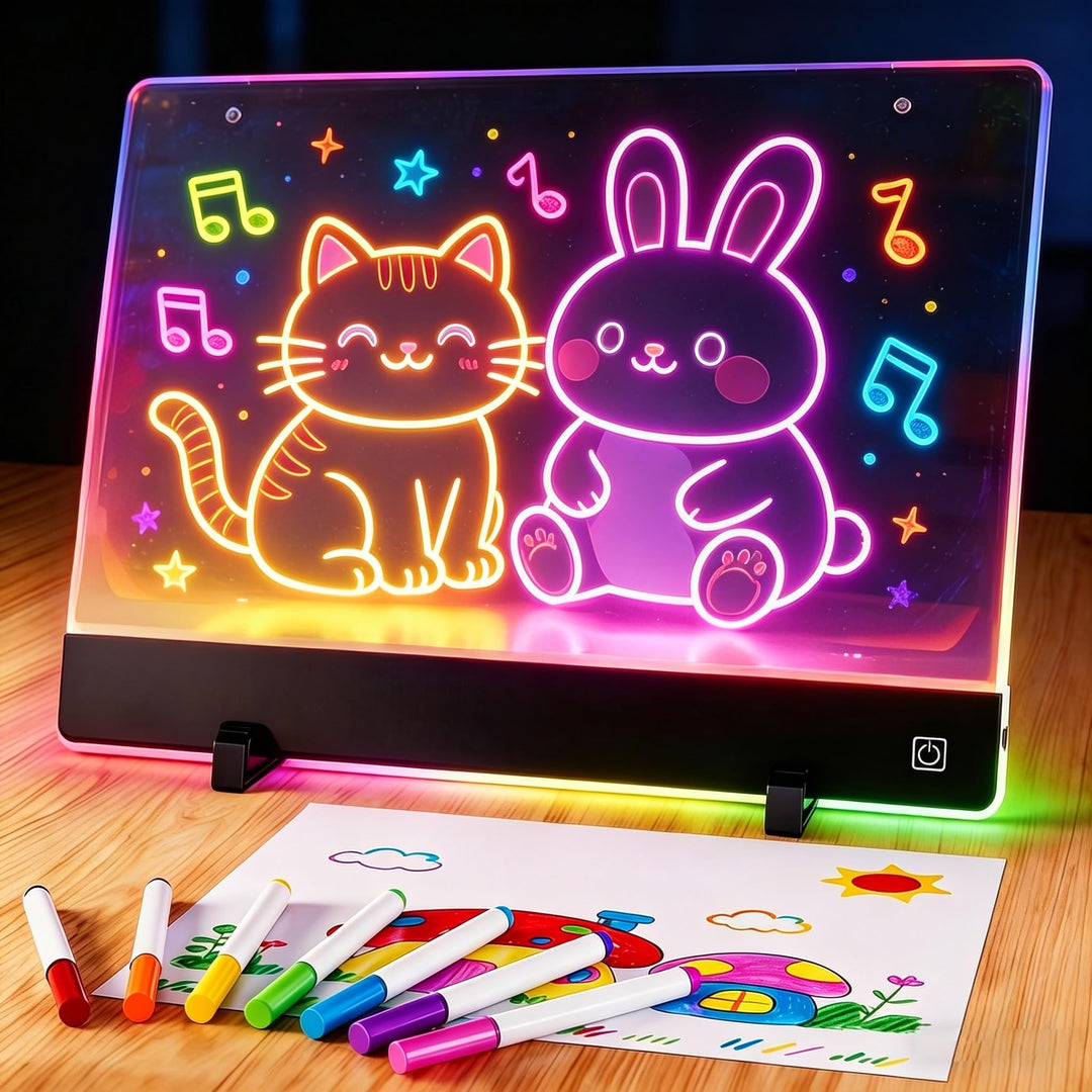 LED-Zeichenbrett für Kinder, 1500mAh wiederaufladbares Notizbrett mit 4-Farben-Lichtmodi & 7 Markern