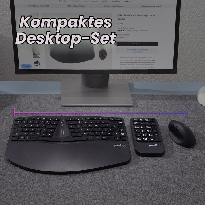 Perixx PERIDUO-606A, 3-in-1 Wireless Compact Ergonomic Keyboard mit vertikaler Maus und numerischem