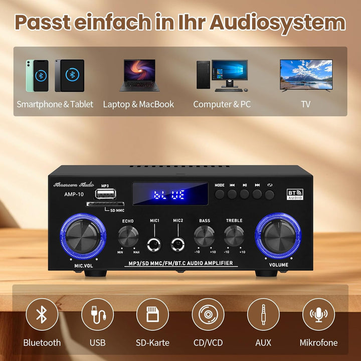 Henakmsl Bluetooth Stereo Verstärker 2.0, 2 x 50 W, Subwoofer-Out | Mit USB, SD, FM, AUX, 2 Mikrofon
