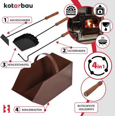 KOTARBAU® Kaminbesteck 4er Set mit Ascheeimer Schürhaken Besen Schaufel mit Holzgriff Kamingarnitur