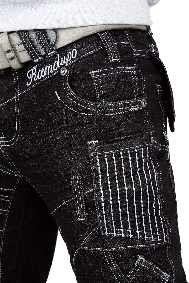 Kosmo Lupo Herren Jeans Extravagant Besondere Designs 29W / 32L Schwarz - 09, 29W / 32L Schwarz - 09
