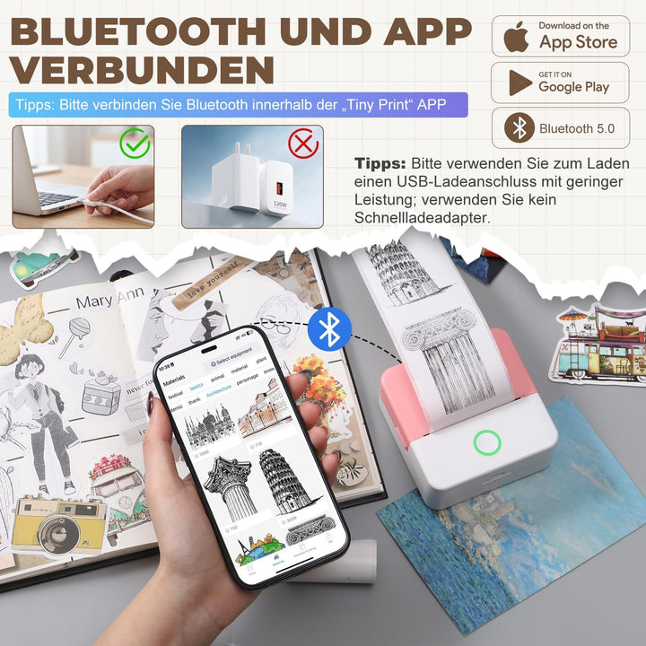 PRAOAHEI Mini Drucker, Tragbarer Fotodrucker mit 10 Rollen Druckerpapier, Bluetooth-Etikettendrucker
