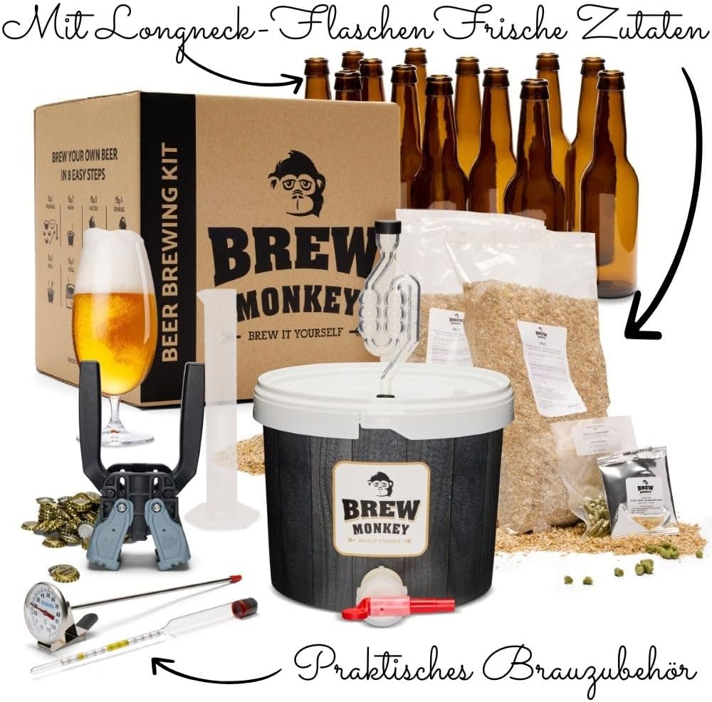 Brew Monkey® Bierbrauset Helles | Luxe Set 5 Liter Bier | 6,4% Vol. | Bier Brauen in der Küche | Bie