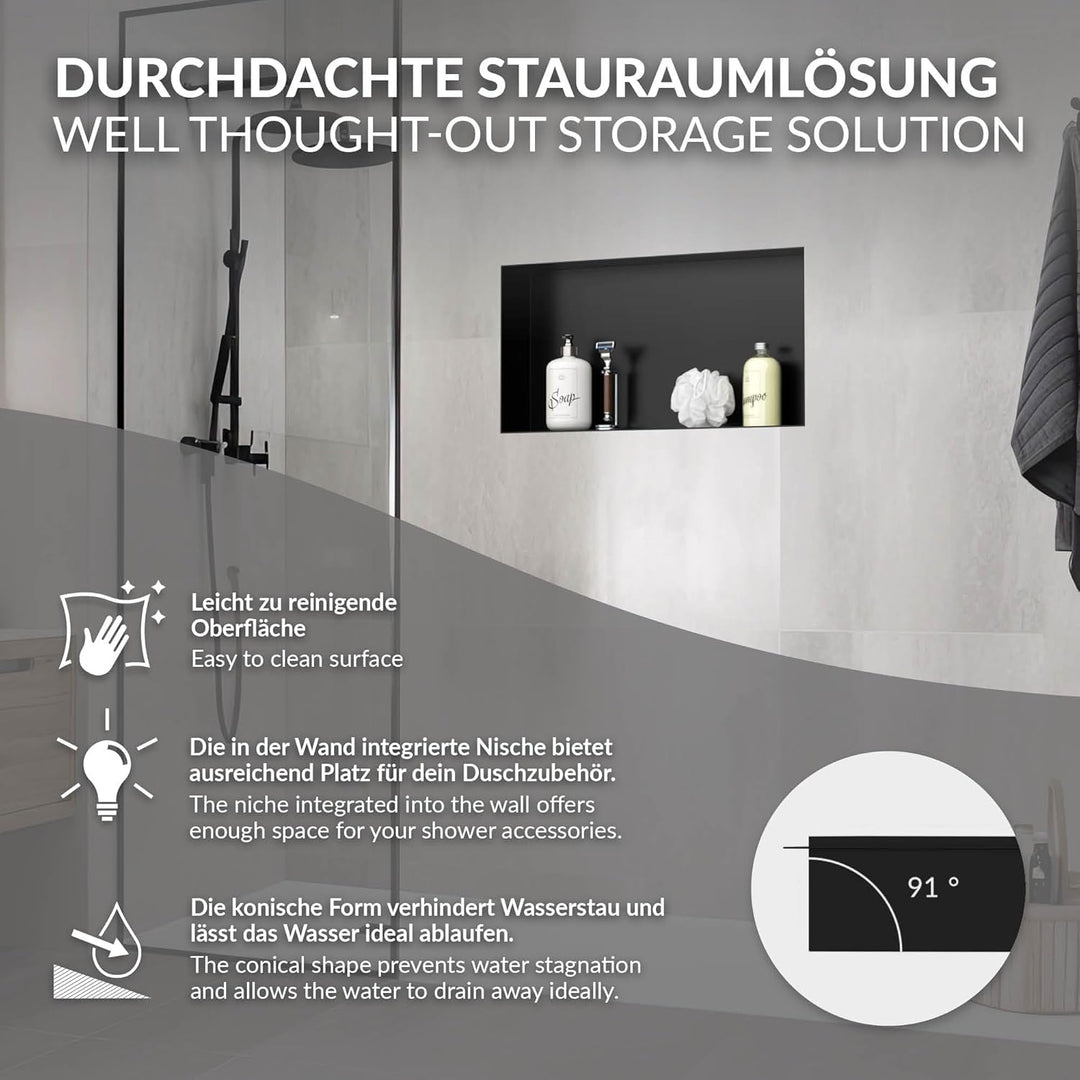 LuxeBath Wandnische aus Edelstahl, 60x30x10 cm, Schwarz, Duschnische, Randlos, Einbauregal, Flexible