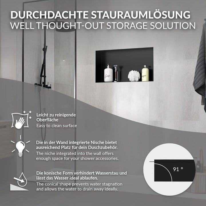 LuxeBath Wandnische aus Edelstahl, 60x30x10 cm, Schwarz, Duschnische, Randlos, Einbauregal, Flexible