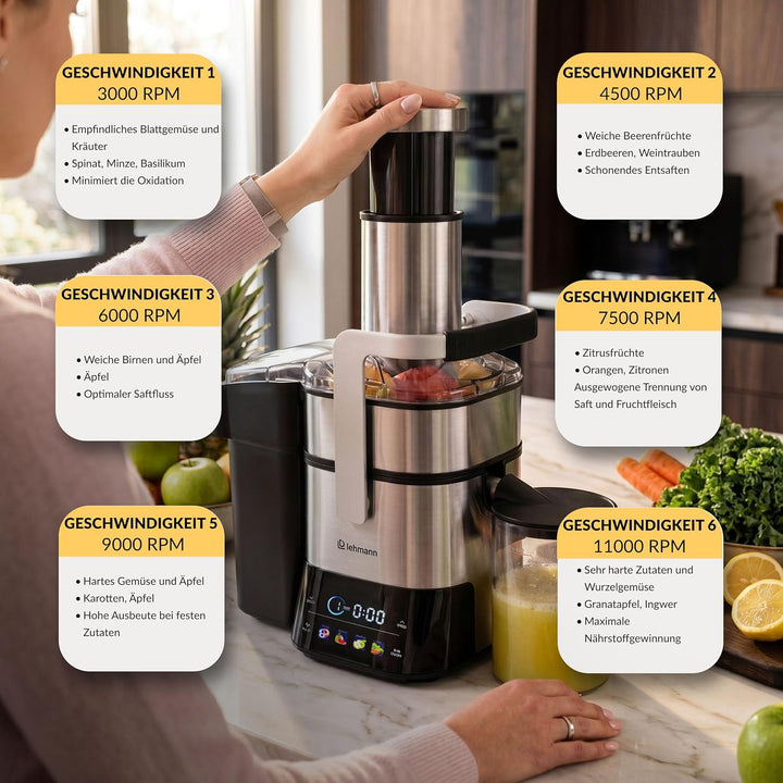 LEHMANN Entsafter für Obst und Gemüse, Edelstahl, XXL Einfüllschacht 80 mm, LED-Touchscreen, 6 Gesch