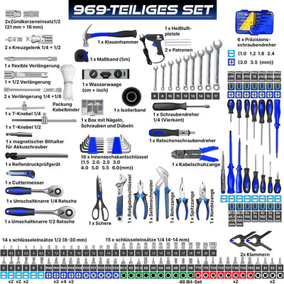 MASKO® Werkzeugkoffer 969-teilig gefüllt | Werkzeugset im Aluminiumkoffer | Werkzeugkasten mit Rolle