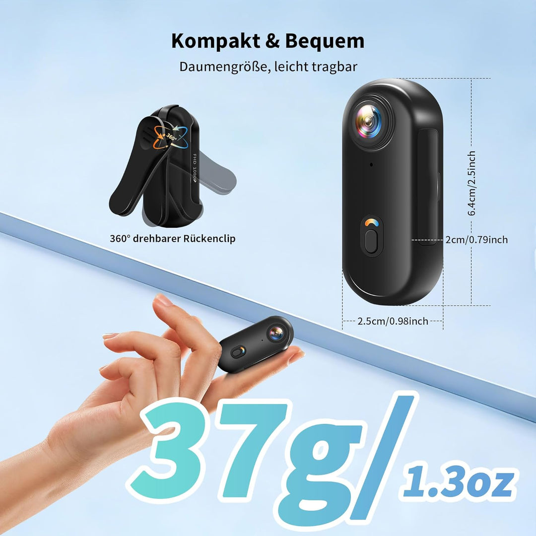 Action Cam 1080P WiFi, Bodycam Körperkamera Mini, 360° Action Kamera, Sportkamera Wasserdicht bis 30
