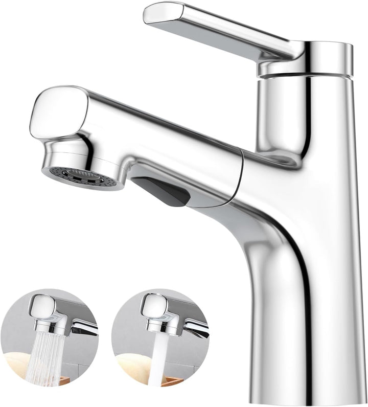CREA Modern Waschtischarmatur Badezimmer mit 2 Wasserstrahlarten Brause ausziehbar, Einhebelmischer
