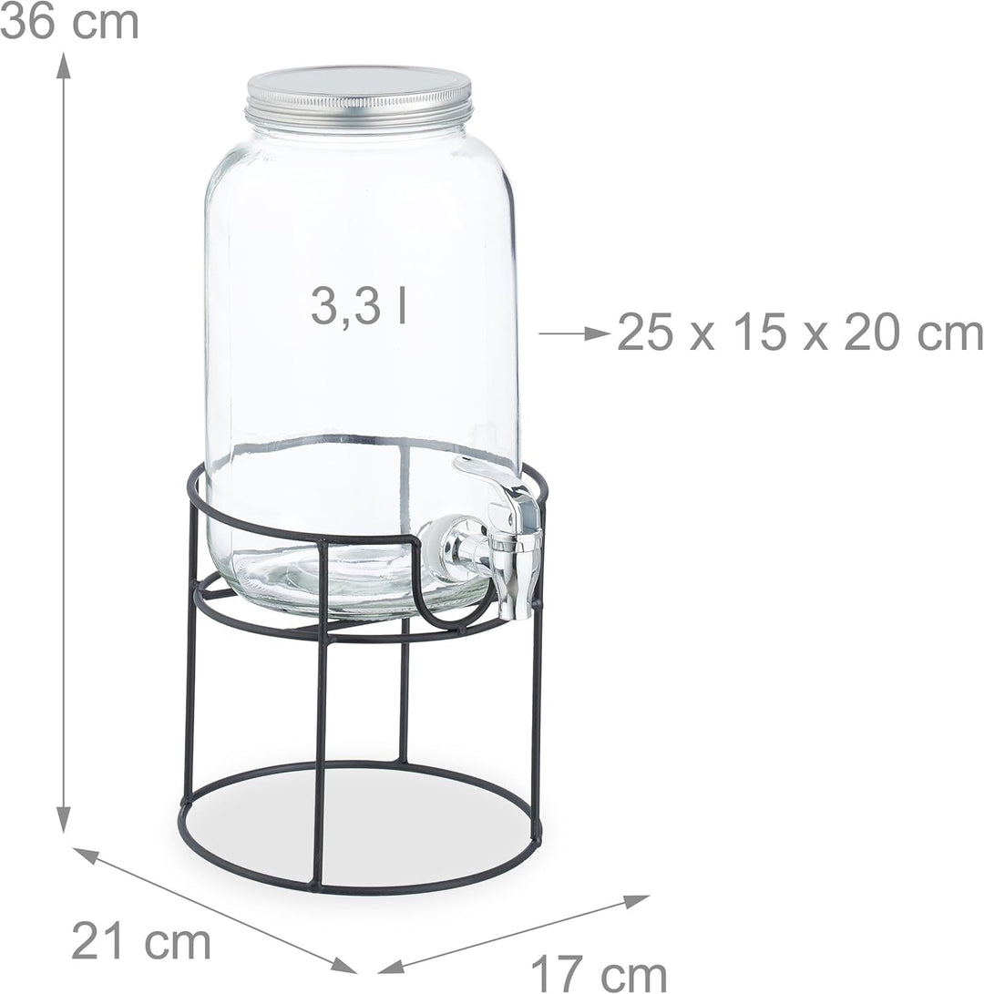 Relaxdays Getränkespender mit Ständer, Zapfhahn & Deckel, 3,3 Liter, Glas, Wasserspender, Limonadens