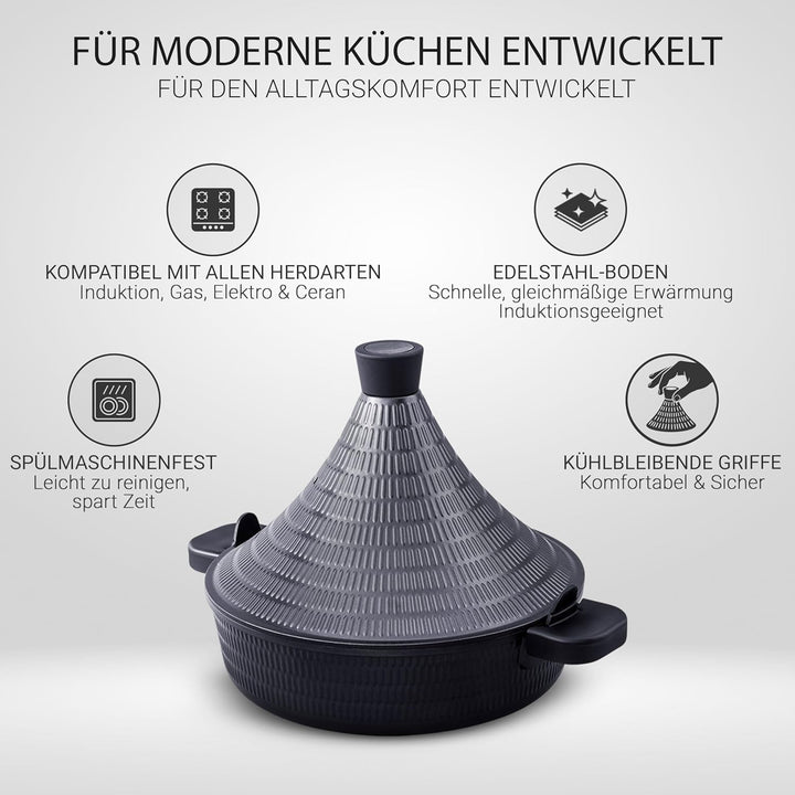 INTIGNIS Aluminium Tajine 28cm, Antihaft, Induktion & Gas Herd geeignet, Deckel mit Selbstbastfunkti