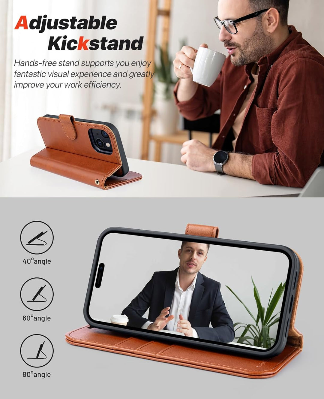 OCASE iPhone 15 Plus Hülle(2in1) Leder Stossfestes Case [Abnehmbare magnetische Hülle] [Kabelloses L