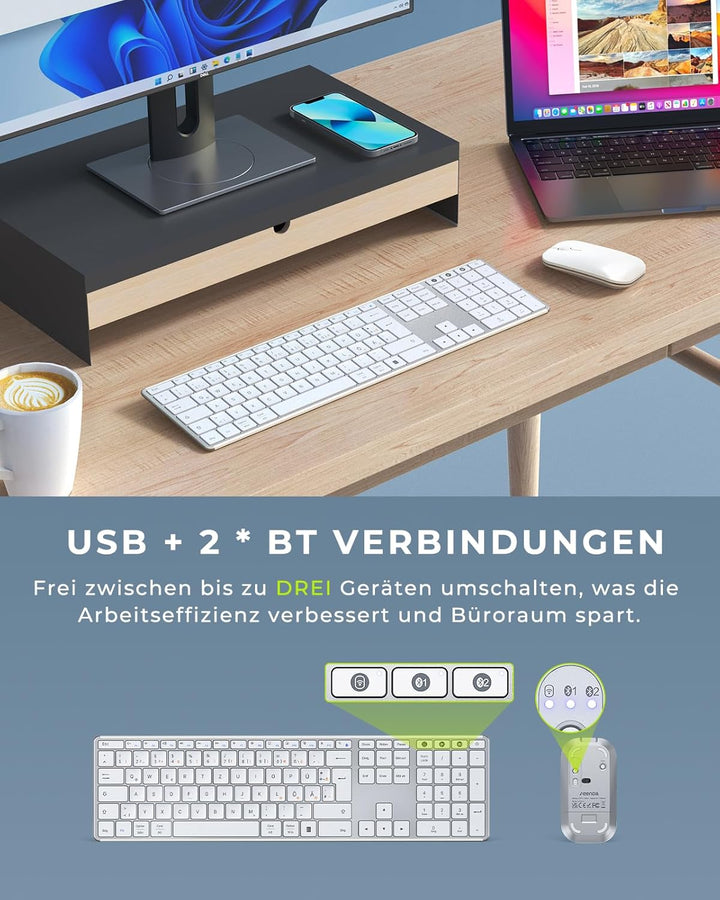 seenda SKM64-3 Bluetooth Tastatur mit Maus, Tastatur Maus Set Kabellos für Windows/Mac/iPad/Android