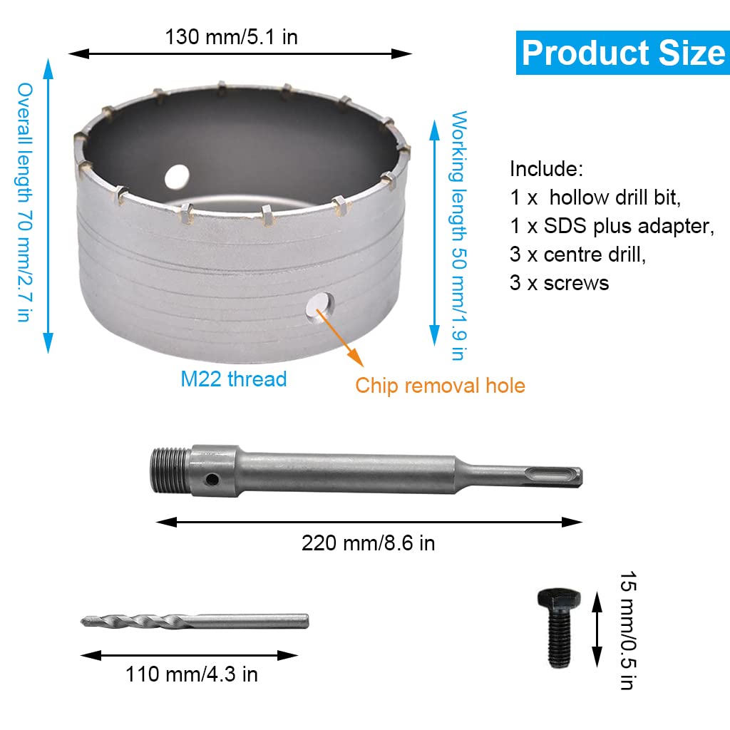 4tlg Bohrkrone Steckdose,130mm Dosenbohrer, mit 220mm SDS plus Adapter und 3 x Zentrierbohrer 110mm,