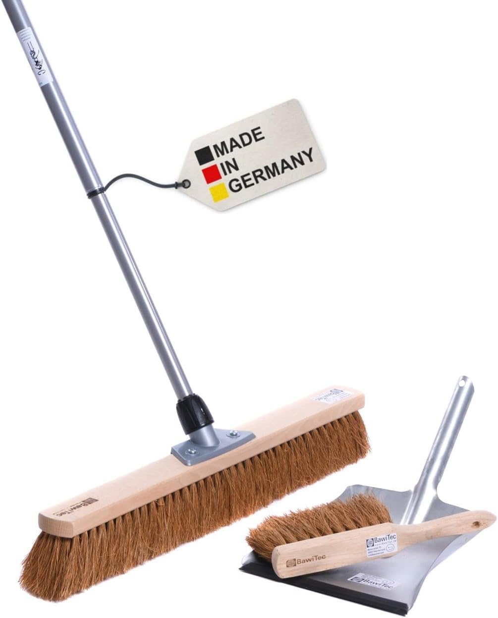 BawiTec Kokosbesen Kehrset,Komplett-Set,Besen 40cm,mit Teleskopstiel verstellbar,Handfeger Holz 28cm