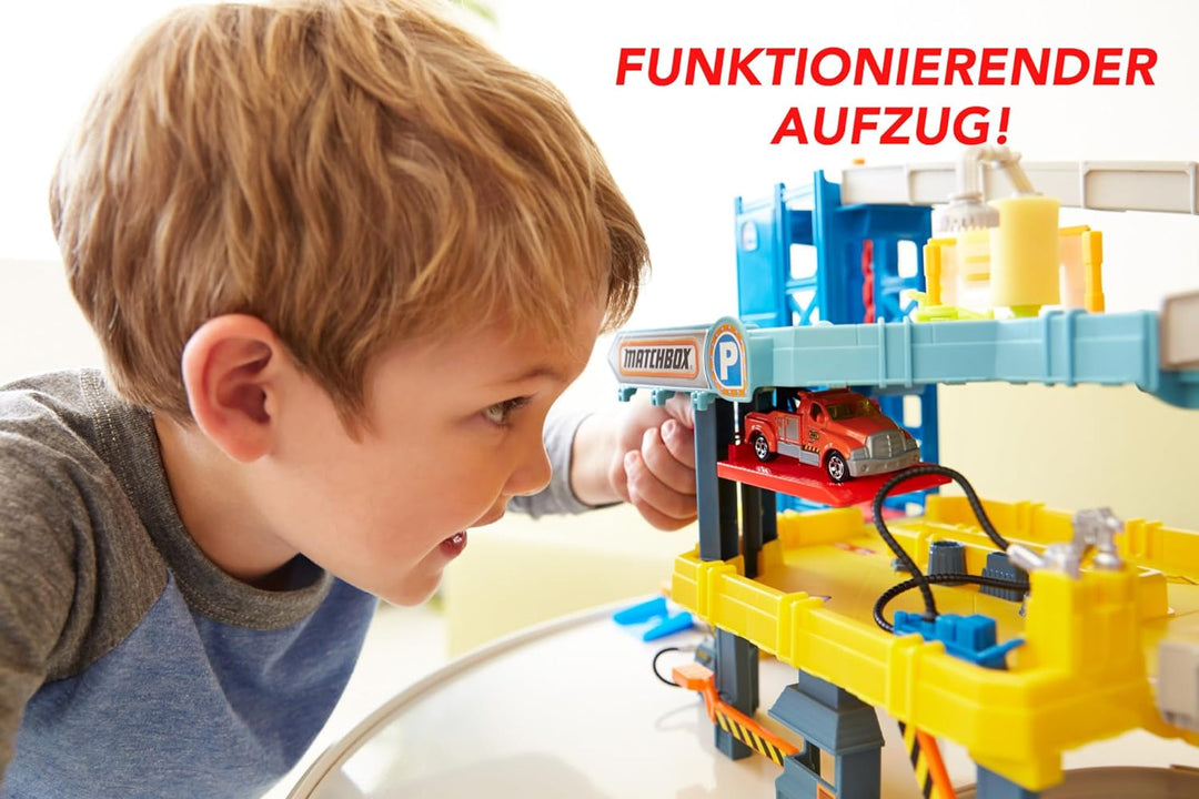 Matchbox Autorennbahn, 4-stöckig mit Rampe, Aufzug, Waschanlage und Abschleppwagen für Matchbox Auto