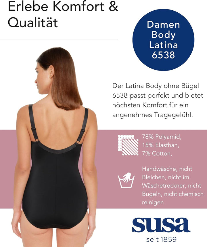 SUSA Body Damen ohne Bügel I Serie Latina I Modischer Body mit hübscher Spitze im Cup & am Beinaussc