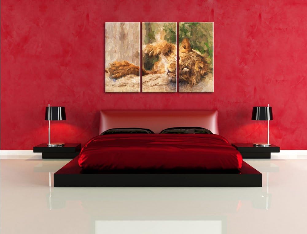 Pixxprint verspielter Kleiner Löwe Kunst / 3-Teilig/Gesamtmass 120cm Leinwandbild bespannt auf Holzr